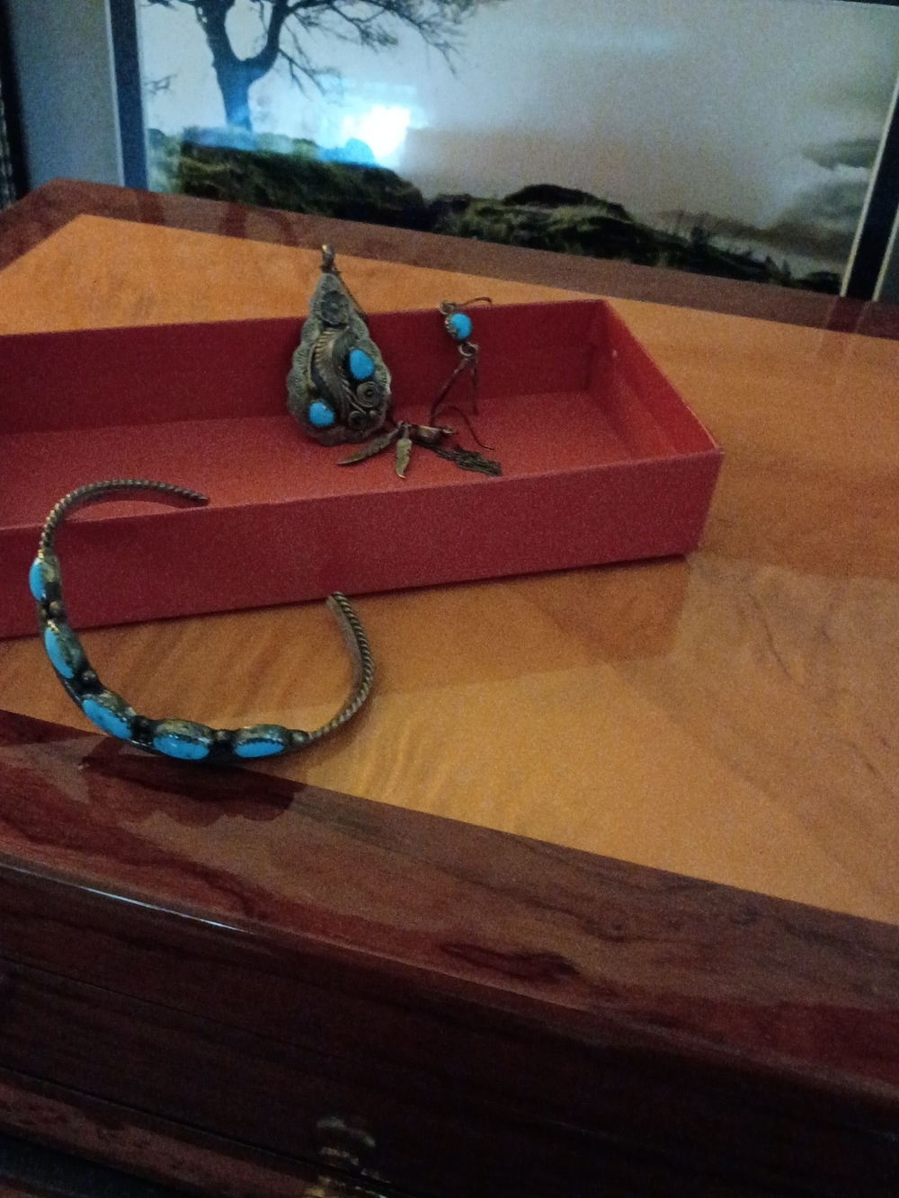 Turquoise Stone Brass Cuff and Pendant Set - Women Jewelry